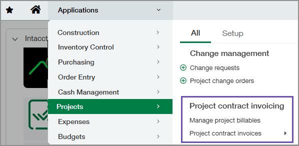 Project menu showing Project contract invoicing options