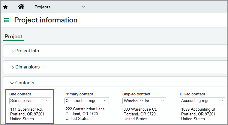 Project page with Site contact field highlighted