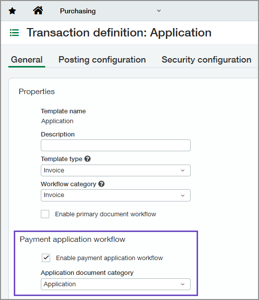Payment application workflow settings on transaction definition setup page