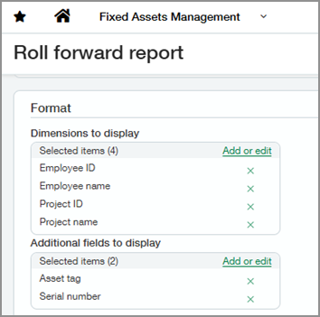 Format section of the Roll forward report