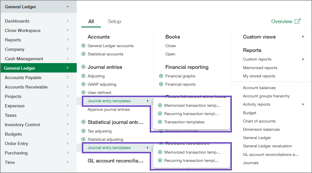General Ledger All menu with Journal entry templates menus circled. 