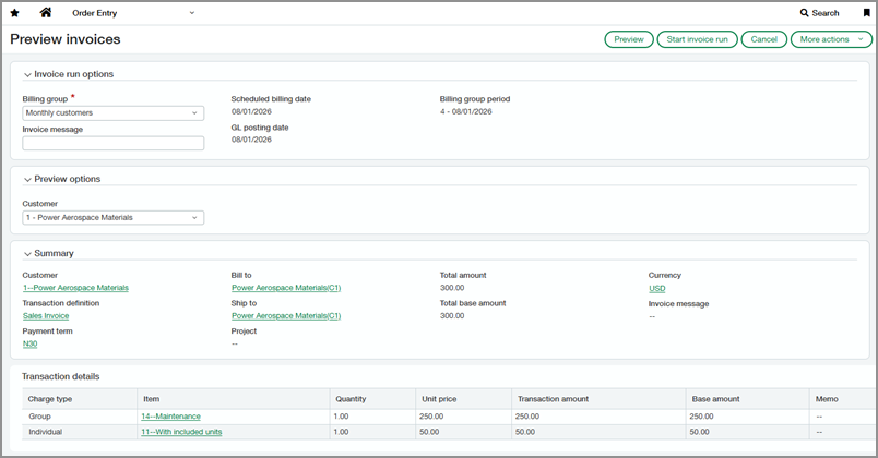 Invoice preview page showing preview amounts.