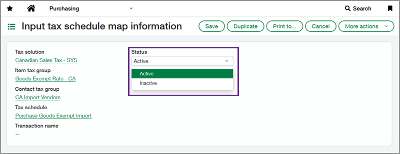 Tax schedule map page with a callout box around the Status: Active/Inactive field.
