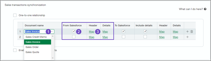 The classic sales transaction record sync controls to sync from Salesforce to Intacct on the Advanced CRM configuration page in Intacct.