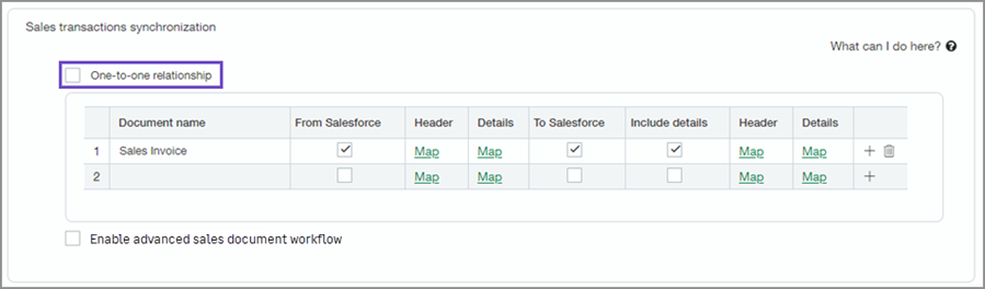 The One-to-one checkbox on the Advanced CRM configuration page in Intacct.
