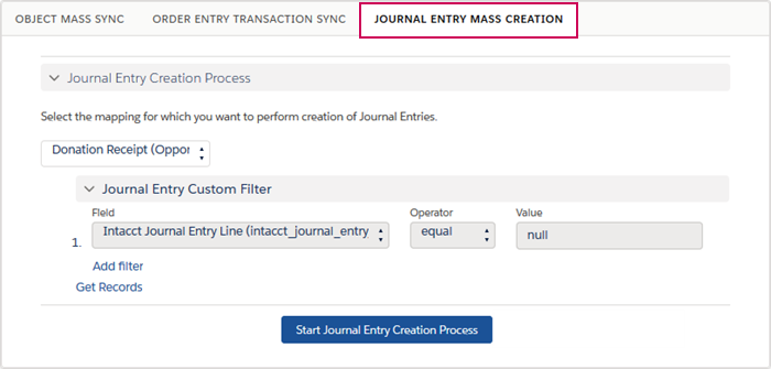 Settings for the Journal Entry Mass Sync tool.