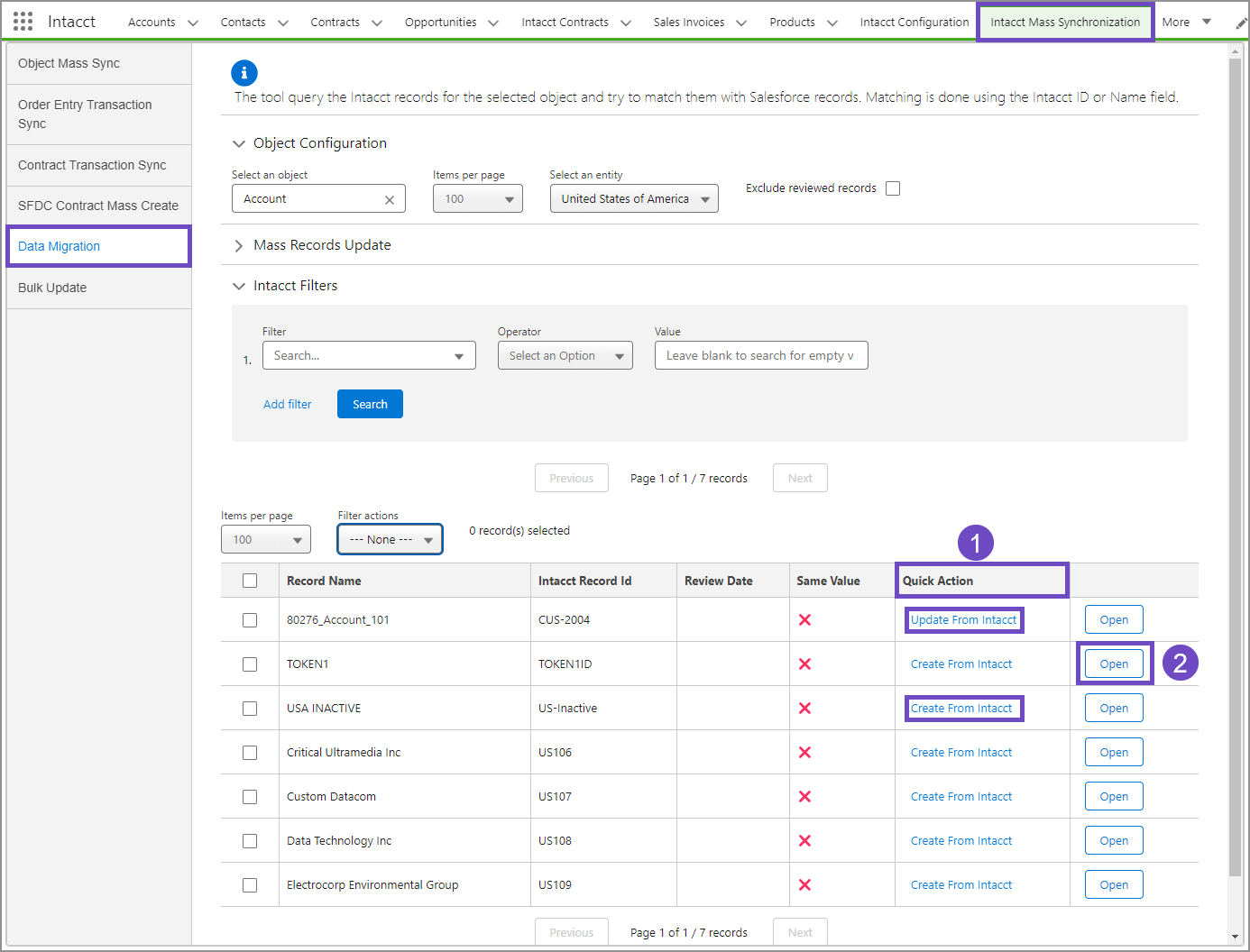 Options for Intacct records in Salesforce.