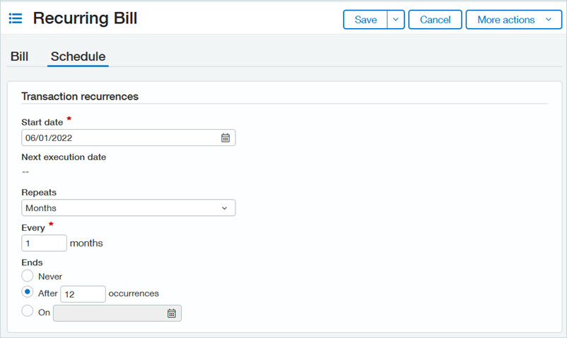 The Schedule tab of a Recurring AP supplier invoice page.