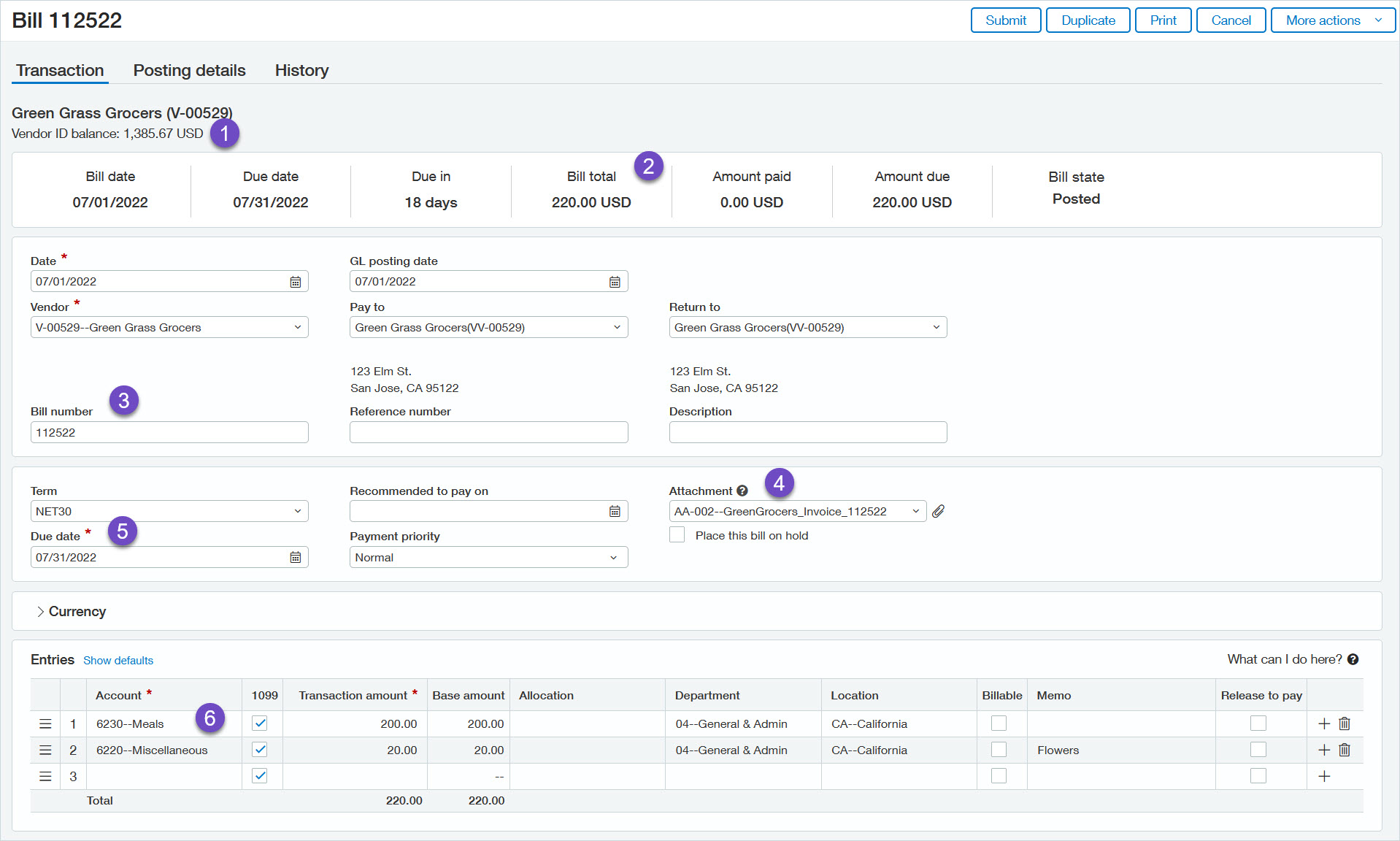 The Transaction tab of a AP supplier invoice page.