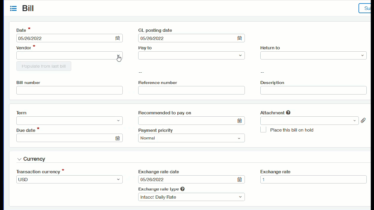 The page for adding a new AP supplier invoice.
