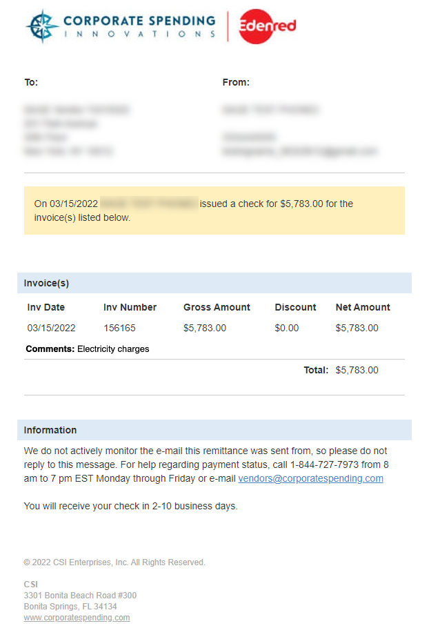 Example of check vendor remittance sent from CSI