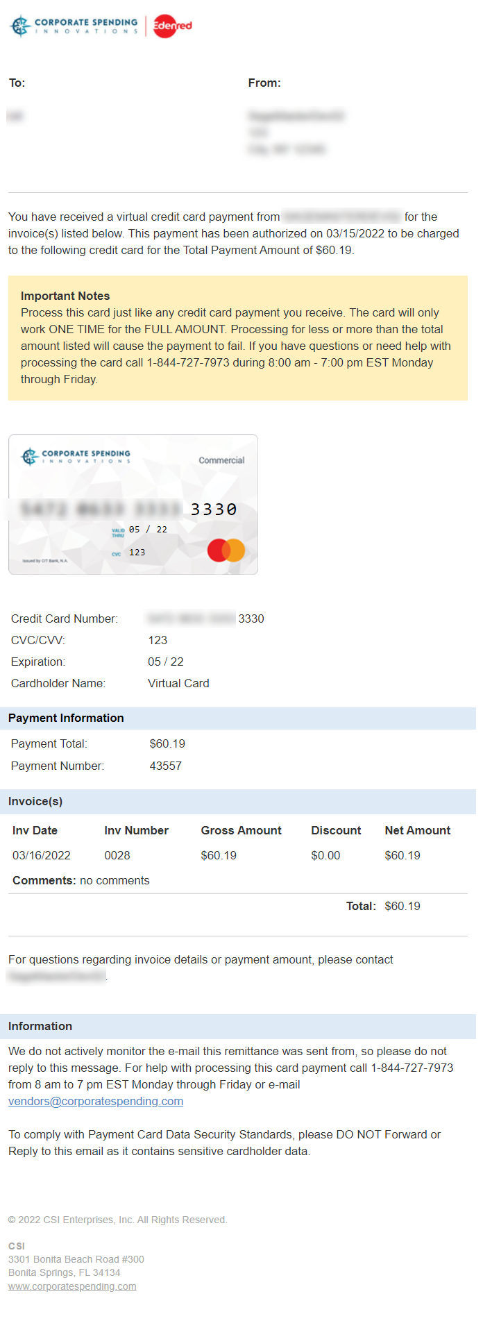 Example of virtual card vendor remittance sent from CSI