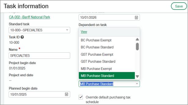Create default purchasing tax schedules for projects, tasks, and cost types