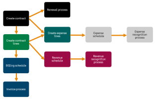 Shows the workflows related to a contract: renewal, expense, revenue, and billing.