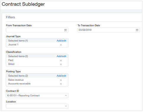 To transaction date = 03/08/2019, Journal type = Journal 1, Classification = Paid and Billed, Posting type = Sales revenue and AR, and Contract ID = K00151.