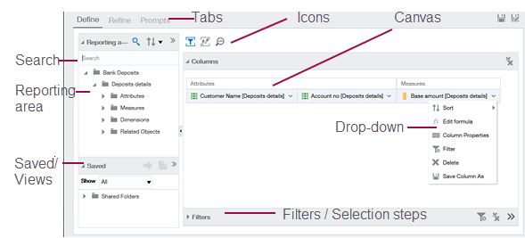 An example of the ICRW user interface with callouts that hightlight search, reporting area, saved views, tabs, icons, canvas area, column dropdown menu options, filters and selection steps.