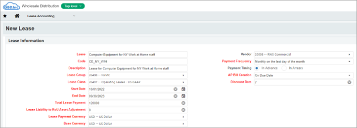 Create new lease page