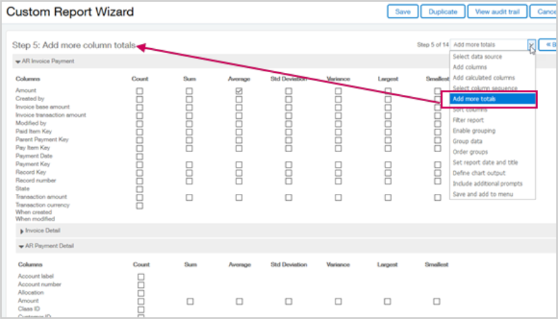 Custom Report Wizard user interface page for adding more column totals. 