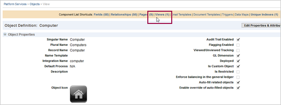 Object definition page with the Views button circled.
