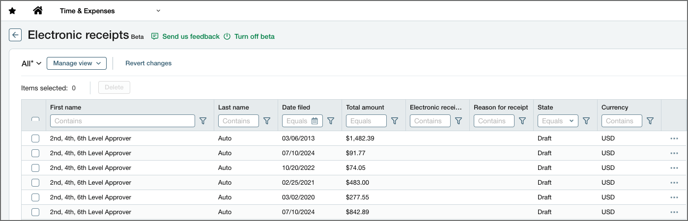 An example of the Electronic Receipts page showing receipts that were created automatically.
