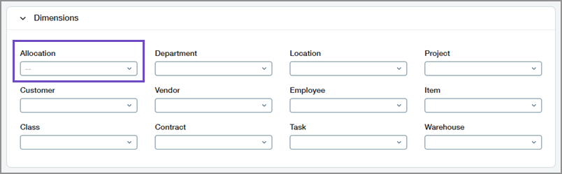 Dimensions section showing the Allocation field.