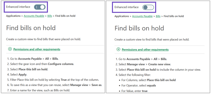 Shows the Enhanced interface toggle below the search bar on a help page.