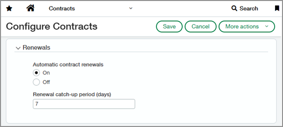 Contracts configuration showing new renewals section.