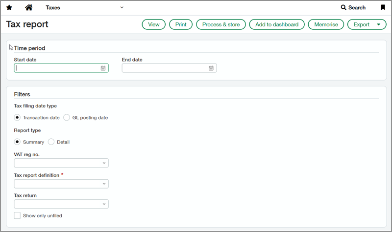 Screenshot of the tax report run page.