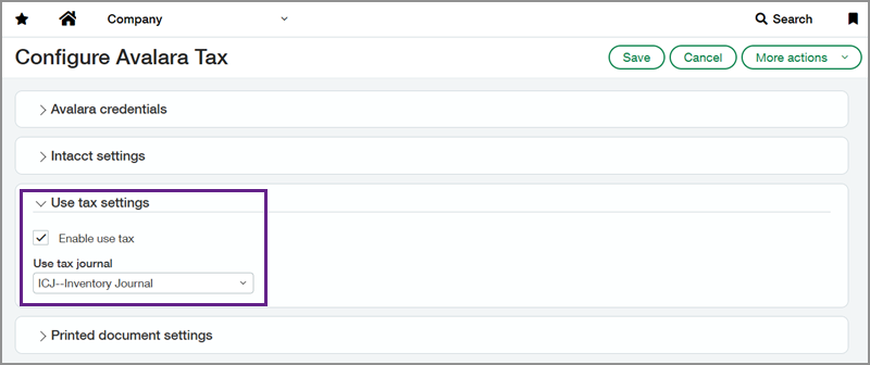 Configure Avalara Tax page with callout box around the Use tax settings section.
