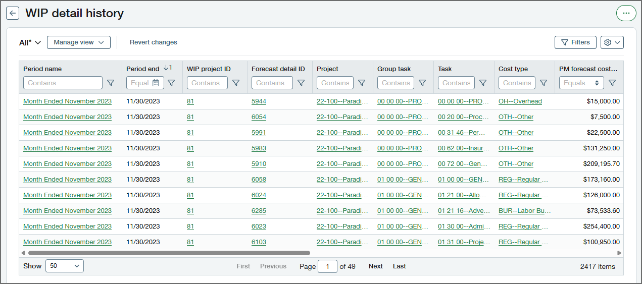 WIP detail history page showing trend data for a project