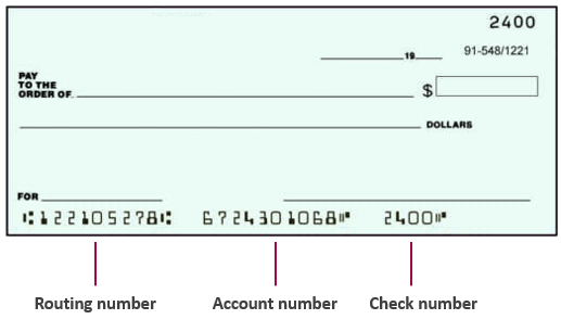 El número de ruta es el número de nueve dígitos que se encuentra en la esquina inferior izquierda del cheque. El número de cuenta es el número de diez dígitos que se encuentra directamente a la derecha del número de ruta.