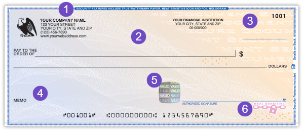 Muestra de cheque de alta seguridad preimpreso.