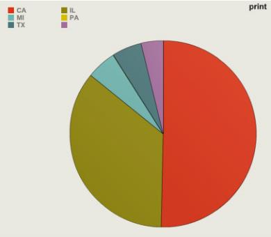 Círculo dividido en varios segmentos de colores para comparar porcentajes por ubicación geográfica.