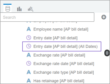 Una versión Todas las fechas del atributo Datos de entrada [detalle factura de Cuentas a pagar] se resalta en la jerarquía del Panel de datos. La especificación Todas las fechas aparece entre paréntesis después del nombre del atributo.