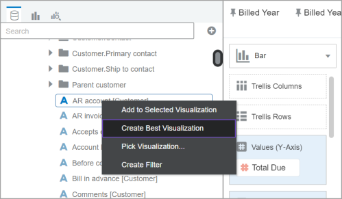 Menú desplegable que aparece al hacer clic con el botón derecho en un elemento de datos en el panel de datos. Se resalta la opción Crear mejor visualización.