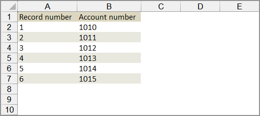 Un archivo de Excel con números de ficha en la primera columna y números de cuenta en la segunda columna.