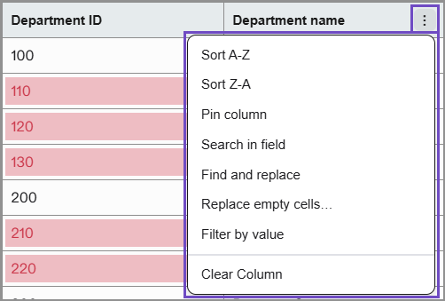 Iconos de herramientas en las columnas del servicio de importación.