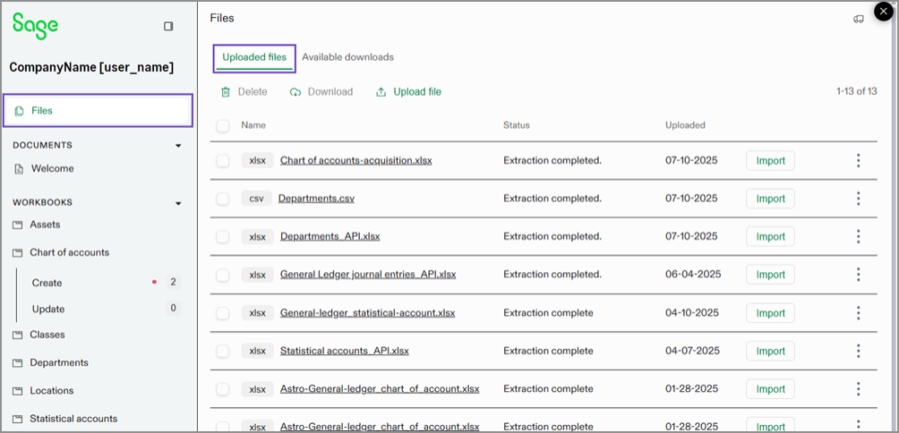 Archivos que se han cargado en el servicio de importación.