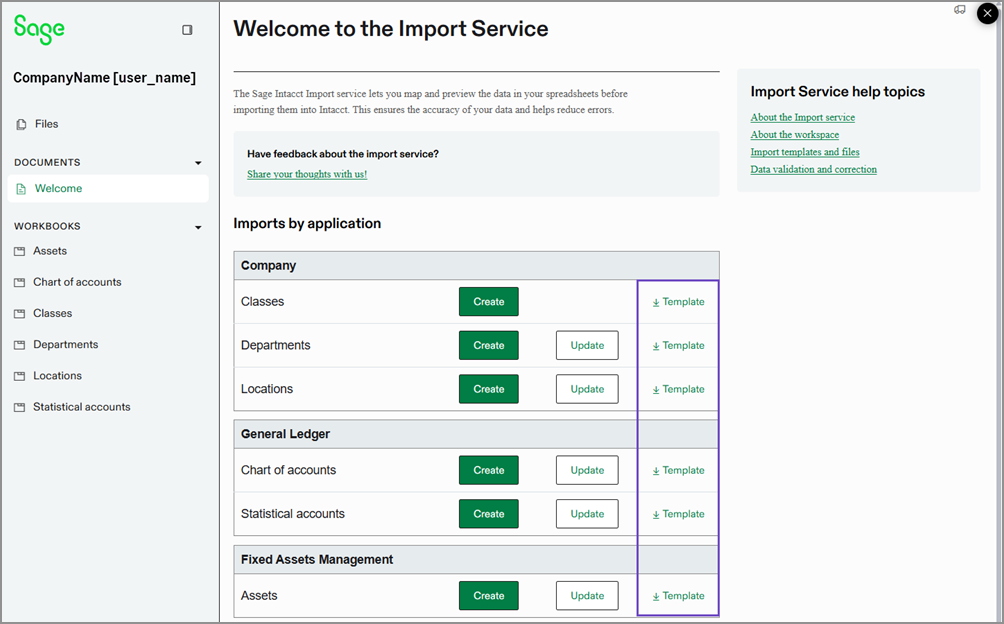 Página de bienvenida del servicio de importación con una lista de plantillas disponibles.
