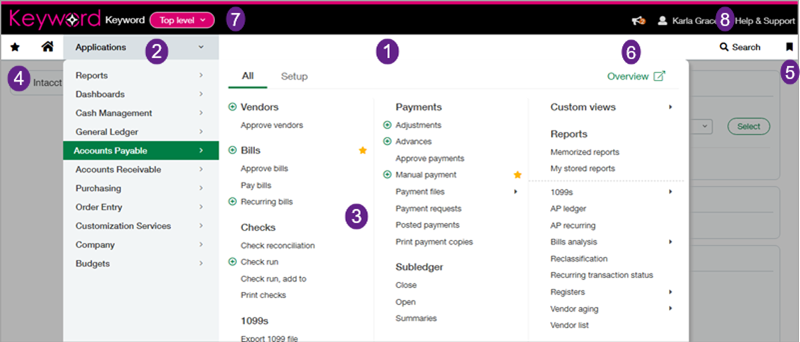 Menú de la aplicación con funciones de navegación definidas.