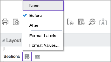 El menú Totales tiene las siguientes opciones: Ninguno, Antes, Después, Etiquetas de formato y Valores de formato.