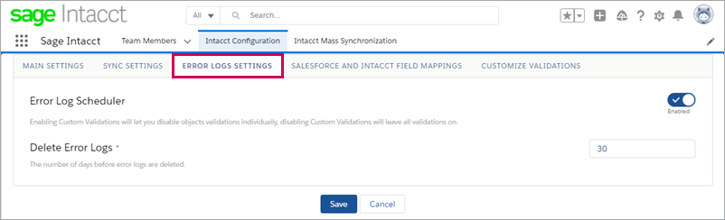 La pestaña Registros de errores en la aplicación Intacct lightnin en Salesforce.