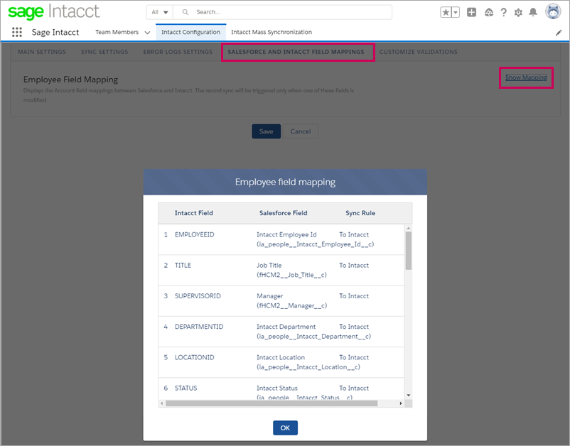 Herramienta de correlación de campos Sage Intacct y Sage People.