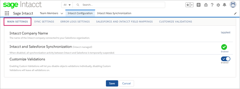 La pestaña Configuración principal de la aplicación Sage Intacct Lightenting en Salesforce.
