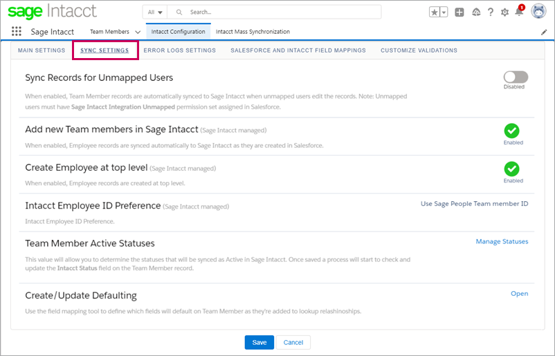 La pestaña Sincronizar configuración en la aplicación Lightning de Sage Intacct en Salesforce.