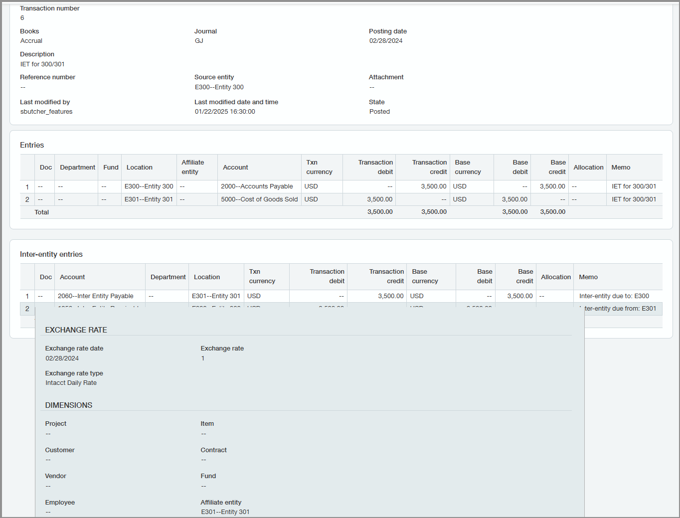 Un ejemplo de un asiento de diario del Libro Mayor etiquetado automáticamente que muestra el valor de la entidad afiliada para el asiento entre entidades.