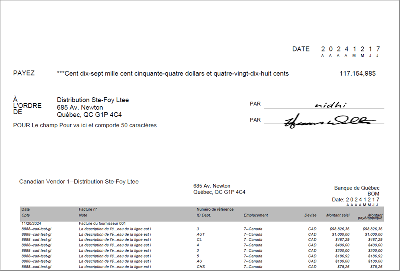 Captura de pantalla de un cheque canadiense preimpreso en francés.