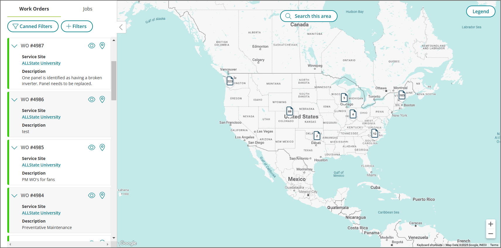 Mapa de operaciones de campo que muestra las órdenes de trabajo en Norteamérica