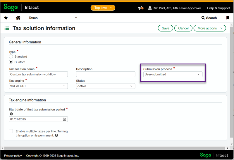 Captura de pantalla de la página de información de configuración fiscal estándar de la configuración fiscal personalizada con un cuadro de llamada alrededor del campo Proceso de presentación.