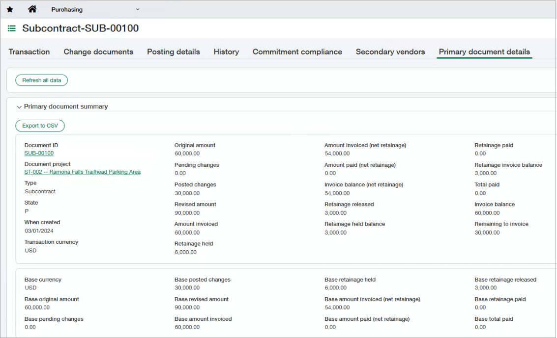 Pestaña de detalles del documento principal de un subcontrato en la que se ve un resumen de las transacciones. El botón Actualizar todos los datos resaltado.